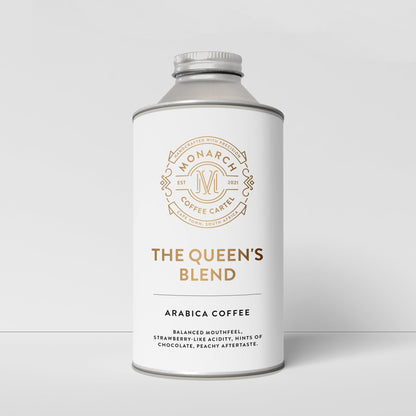 A cylindrical container with a label reading 'The Queen's Blend, Arabica Coffee'. It has a decorative border and specifies the coffee roast as 'Medium'.