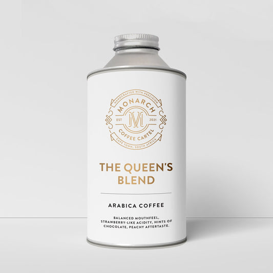 A cylindrical container with a label reading 'The Queen's Blend, Arabica Coffee'. It has a decorative border and specifies the coffee roast as 'Medium'.